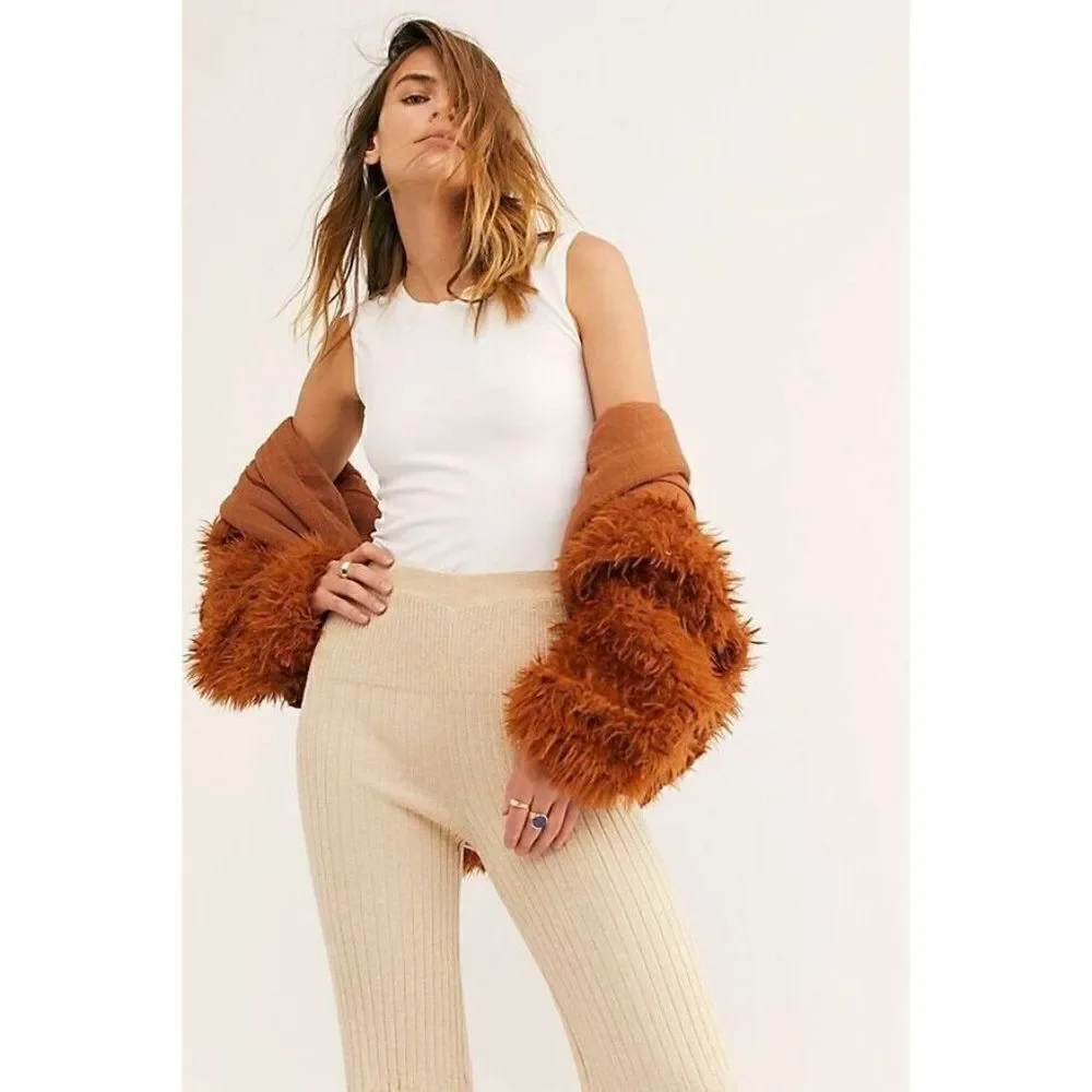 NEW FREE PEOPLE Sz LKEEP IT REAL SWEATER RIBBED KNIT FLARE PANTS CHAMPAGNE